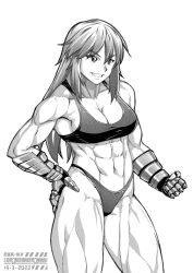  1girl abs black_sports_bra breasts clenched_hand collarbone ebr-kii gauntlets greyscale grin hand_on_own_hip long_hair midriff monochrome muscular muscular_female navel original smile solo sports_bra tagme thighs underwear white_background  rating:Explicit score:10 user:byoma994