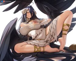  1girl :q albedo_(overlord) barefoot black_feathers black_nails black_wings blush breasts commentary demon_girl demon_horns demon_wings english_commentary feathered_wings feathers feet grabbing_own_breast greatodoggo highres hip_vent horns knee_up large_breasts legs long_hair low_horns low_wings nail_polish naughty_face one_breast_out overlord_(maruyama) slit_pupils smile solo spread_legs toenail_polish toenails toes tongue tongue_out white_horns wings  rating:Questionable score:58 user:danbooru