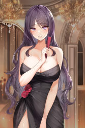 1girl absurdres arch bare_arms bare_shoulders black_dress black_hair blurry blurry_background blush breasts chandelier cleavage cowboy_shot dress flower folding_fan grin hand_fan hand_up highres holding holding_fan indoors large_breasts lillly long_hair original parted_bangs parted_lips purple_eyes purple_hair red_flower red_rose rose smile solo standing strapless strapless_dress wavy_hair rating:Sensitive score:45 user:danbooru