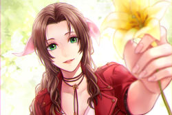  1girl aerith_gainsborough blurry blurry_foreground braid braided_ponytail breasts brown_hair choker collarbone dress final_fantasy final_fantasy_vii final_fantasy_vii_remake floral_background flower flower_choker green_eyes hair_ribbon holding holding_flower jacket lily_(flower) long_hair looking_at_viewer medium_breasts parted_bangs parted_lips pink_dress pink_ribbon reaching reaching_towards_viewer red_jacket ribbon short_sleeves sidelocks smile solo square_enix twilightend upper_body wavy_hair yellow_background yellow_flower 