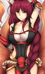 1girl ahri_(league_of_legends) animal_ears arm_guards arm_up armor armpits bandaged_arm bandages bare_shoulders bed_sheet braid breasts cleavage collarbone corset cowboy_shot dakimakura_(medium) facepaint facial_mark fox_ears fox_tail foxfire_ahri from_above large_breasts league_of_legends loincloth long_hair looking_at_viewer looking_up lying midriff multiple_tails on_back parted_bangs red_hair single_braid smile solo tail tony_guisado tsurime very_long_hair whisker_markings yellow_eyes rating:Sensitive score:38 user:danbooru
