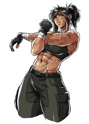  1girl army bandaged_wrist bandages bare_shoulders black_gloves black_hair black_sports_bra blue_eyes breasts brown_eyes burn_scar character_request commentary commission cross-body_stretch crossed_arms dark-skinned_female dark_skin english_commentary fingerless_gloves gloves heterochromia highres long_bangs looking_to_the_side medium_breasts midriff muscular muscular_female navel original parted_lips pink_lips ponytail scar scar_on_face scar_on_stomach sgt_crisis shiny_skin soldier solo sports_bra stretching tan white_background 