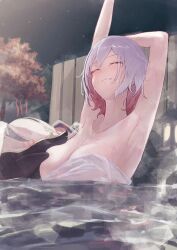  1girl :3 arms_up breast_press breasts breasts_out closed_eyes closed_mouth highres honkai:_star_rail honkai_(series) large_breasts long_hair multicolored_hair naked_towel night night_sky numby_(honkai:_star_rail) pool red_hair sky smile topaz_(honkai:_star_rail) towel towel_slip tree trotter_(honkai:_star_rail) two-tone_hair water white_hair 