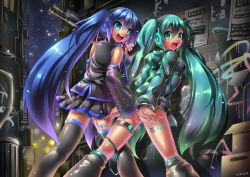  2girls alternate_hair_color anal anal_fingering arms_behind_back ass bdsm blue_eyes blue_hair blush bondage bound cuffs emperpep female_focus femdom fingering gun handcuffs hatsune_miku long_hair looking_back multiple_girls night open_mouth outdoors panties purple_hair pussy selfcest smile spread_legs standing twintails uncensored underwear vocaloid weapon yuri  rating:Explicit score:97 user:lkjh098