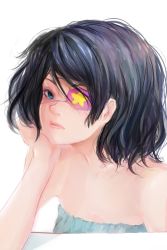  10s 1girl another bad_id bad_pixiv_id bare_shoulders black_hair blue_eyes eyepatch female_focus head_rest looking_at_viewer misaki_mei realistic short_hair simple_background solo upper_body white_background womu  rating:Sensitive score:5 user:pololoka