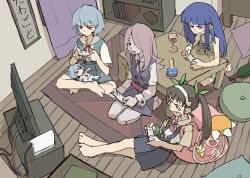  4girls :3 ayanami_rei backpack bag bakemonogatari barefoot blue_hair blunt_bangs bookshelf character_doll colored_skin commentary commission controller crossed_arms crossover curtains dress fang furude_rika game_console game_controller green_dress grey_skin hachikuji_mayoi hair_over_one_eye hairband higurashi_no_naku_koro_ni indian_style little_witch_academia monogatari_(series) multiple_crossover multiple_girls neon_genesis_evangelion open_mouth pantsu-ripper pillow red_eyes rei_chikita school_uniform seiza sitting skin_fang sucy_manbavaran tears television tokyo-3_middle_school_uniform twintails white_hairband wii wii_remote 