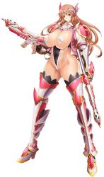1girl armor breasts brown_hair cleavage covered_erect_nipples covered_navel female_focus full_body gloves highres huge_breasts leotard long_hair looking_at_viewer no_bra red_eyes shiny_skin solo standing taimanin_(series) taimanin_asagi_kessen_arena tana_(garyuh-chitai) thalia_henderson weapon wide_hips rating:Questionable score:35 user:fakyuh