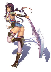  1girl armor armpits ass axe backless_outfit bad_id bad_pixiv_id bare_back boots braid breasts cleavage full_body glaive_(polearm) high_heels highres knee_boots legs lieqi_hun lips long_hair looking_back medium_breasts original outstretched_arm panties polearm purple_hair running shadow shoes simple_background solo thigh_strap thighhighs thighs thong underwear weapon  rating:Sensitive score:79 user:danbooru