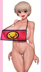  1girl smile absurdres blue_eyes breasts cleft_of_venus commentary fang gradient_background highres huge_breasts looking_at_viewer nail_polish nude open_mouth puffy_nipples pussy randy_(awesomevillage) see-through short_hair silver_hair simple_background smile solo standing uzaki-chan_wa_asobitai! uzaki_hana  rating:Explicit score:159 user:Vardigiil