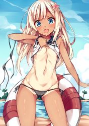 10s 1girl alternate_costume arm_at_side beach bikini bikini_bottom_aside black_bikini blonde_hair blue_eyes blush bracelet breasts clothes_lift clothing_aside cowboy_shot day flower gluteal_fold groin hair_flower hair_ornament hibiscus highres jewelry kantai_collection lifebuoy lifting_own_clothes long_hair micro_bikini one-piece_tan open_mouth outdoors partially_visible_vulva ro-500_(kancolle) sailor_collar shirt_lift small_breasts solo swim_ring swimsuit tan tanline thighs tongue unacchi_(nyusankin) rating:Questionable score:36 user:danbooru