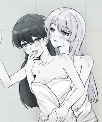  2girls bang_dream! bang_dream!_it&#039;s_mygo!!!!! bite_mark bite_mark_on_shoulder blush breasts chihaya_anon chinese_commentary cleavage commentary_request fang finger_to_another&#039;s_mouth greyscale hickey highres hmxyymyyc long_hair medium_breasts monochrome multiple_girls naked_towel open_mouth reach-around saliva shiina_taki sweat topless towel yuri 