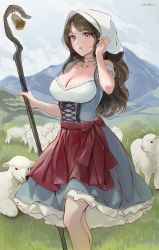  1girl :o animal apron artist_name bare_shoulders bell blue_dress blue_eyes blush bodice breasts brown_hair choker chowbie cleavage cloud cloudy_sky day dirndl dress feet_out_of_frame frilled_dress frills german_clothes highres holding holding_staff large_breasts long_hair looking_at_viewer mole mole_on_breast mountain mountainous_horizon open_mouth original outdoors petticoat red_apron sheep shepherd shepherd&#039;s_crook sidelocks sky solo staff standing underbust waist_apron wavy_hair white_choker  rating:Sensitive score:52 user:danbooru
