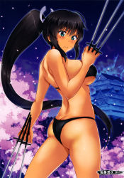  10s 1girl architecture artist_name ass back bare_back bare_shoulders bikini black_bikini black_hair blue_eyes blush breasts building butt_crack castle cherry_blossoms dual_wielding east_asian_architecture embarrassed from_behind from_side hair_ribbon highres holding holding_weapon homura_(senran_kagura) katana large_breasts long_hair looking_at_viewer looking_back night outdoors ponytail ribbon satou_souji scan senran_kagura sideboob sidelocks solo swimsuit sword tan thighs underboob very_long_hair wavy_mouth weapon 