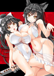  2girls animal_ears atago_(azur_lane) atago_(summer_march)_(azur_lane) azur_lane bikini black_hair bow breasts brown_eyes casual_one-piece_swimsuit cleavage commentary_request criss-cross_halter garter_straps hair_bow hair_flaps halterneck large_breasts long_hair looking_at_viewer mole mole_under_eye mouth_hold multiple_girls noritama_(gozen) one-piece_swimsuit ponytail ribbon swept_bangs swimsuit sword takao_(azur_lane) takao_(beach_rhapsody)_(azur_lane) untied_bikini very_long_hair weapon white_bikini white_bow white_one-piece_swimsuit white_ribbon wolf_ears 