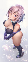  1girl absurdres arched_back ass bad_anatomy bad_perspective black_gloves black_thighhighs blush breasts cleavage elbow_gloves eyes_visible_through_hair fate/grand_order fate_(series) from_above full_body glint gloves hair_over_one_eye has_bad_revision has_downscaled_revision highres interlocked_fingers large_breasts lips looking_at_viewer mana_(remana) mash_kyrielight md5_mismatch parted_lips pigeon-toed purple_eyes purple_hair resolution_mismatch short_hair smile solo source_smaller standing thighhighs thighs tsurime v_arms  rating:Sensitive score:101 user:danbooru