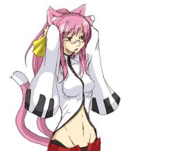  1girl animal_ears arc_system_works arms_up blazblue cat_ears cat_girl cat_tail female_focus glasses kokonoe_(blazblue) lab_coat long_hair midriff multiple_tails pink_hair ponytail ribbon simple_background solo tail tomoesei_chuuya white_background yellow_ribbon 