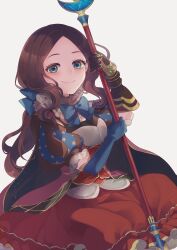  1girl absurdres blue_bow blue_eyes blue_gloves blush bow brown_hair fate/grand_order fate_(series) forehead gauntlets gloves hair_bow highres holding holding_staff leonardo_da_vinci_(fate) leonardo_da_vinci_(fate/grand_order) leonardo_da_vinci_(rider)_(fate) long_hair looking_at_viewer neko-san_(dim.dream) parted_bangs ponytail puff_and_slash_sleeves puffy_short_sleeves puffy_sleeves red_skirt short_sleeves simple_background single_gauntlet skirt smile solo staff white_background 