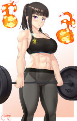  1girl 2021 abs absurdres artist_name barbell black_hair breasts castell collarbone commentary dated en&#039;en_no_shouboutai english_commentary exercising feet_out_of_frame fire highres holding large_breasts looking_at_viewer maki_oze muscular muscular_female navel ponytail purple_eyes simple_background solo sports_bra sweat watermark weightlifting white_background  rating:Sensitive score:136 user:danbooru