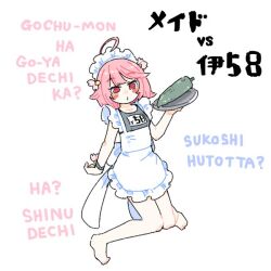  1girl ahoge alternate_costume apron barefoot bitter_melon bracelet breasts enmaided full_body holding holding_tray i-58_(kancolle) jewelry jibakurei_(elite_unchi) kantai_collection knees_together_feet_apart looking_at_viewer maid maid_apron maid_headdress pink_hair red_eyes ringed_eyes romaji_text school_swimsuit small_breasts solo swimsuit translation_request tray unconventional_maid underbust white_apron 