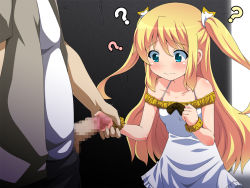 1boy 1girl ? alley arm_grab bare_shoulders blonde_hair blue_eyes blush censored clenched_hand closed_mouth collarbone dot_nose dress erection facing_viewer feet_out_of_frame flat_chest fukurou_narutori game_cg hair_ornament hand_up handjob hetero holding_another&#039;s_wrist loli long_hair long_twintails molestation mosaic_censoring open_fly outdoors penis question_mark scrunchie shiny_skin solo_focus standing turquoise_eyes twintails wavy_mouth white_dress wrist_scrunchie yellow_scrunchie rating:Explicit score:188 user:duckfucker