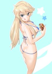 10s 1girl ass bikini blonde_hair blue_bikini blue_eyes breasts burger butt_crack cowboy_shot eating food from_above from_behind iowa_(kancolle) kame_kame_happa kantai_collection large_breasts long_hair looking_back micro_bikini solo standing star-shaped_pupils star_(symbol) swimsuit symbol-shaped_pupils thong_bikini tongue tongue_out underboob rating:Questionable score:12 user:danbooru