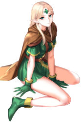 1girl arm_support belt between_breasts between_legs breasts brown_cape cape closed_mouth dress dungeons_&amp;_dragons:_shadow_over_mystara dungeons_&amp;_dragons elf forehead_jewel full_body gloves green_dress green_eyes green_gloves green_tunic highres long_hair looking_at_viewer lucia_(d&amp;d) medium_breasts parted_bangs pointy_ears short_sleeves sidelocks simple_background sitting smile solo strap_between_breasts sword tetsu_(kimuchi) wariza weapon white_background