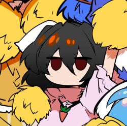  1girl animal_ears black_hair carrot_necklace empty_eyes floppy_ears hair_between_eyes holding holding_pom_poms inaba_tewi jewelry long_bangs looking_at_viewer mizuga necklace no_mouth pink_shirt pom_pom_(cheerleading) pom_poms puffy_short_sleeves puffy_sleeves rabbit_ears rabbit_girl red_eyes shirt short_hair short_sleeves solo touhou 