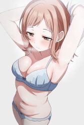  1girl absurdres armpits arms_behind_head arms_up blue_bra blue_panties blush bra breasts breath cleavage collarbone commentary_request groin highres idolmaster idolmaster_shiny_colors light_brown_hair looking_down medium_breasts musha_no_kozi navel panties sakuragi_mano shirt simple_background solo steam stomach sweat underwear undressing white_background white_shirt  rating:Sensitive score:19 user:danbooru