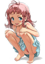  1girl absurdres antenna_hair bare_arms bare_legs bare_shoulders barefoot blue_eyes breasts brown_hair commentary_request dress feet female_focus full_body hands_on_own_knees highres loli looking_at_viewer medium_hair nipple_slip nipples open_mouth original paid_reward_available panties pantyshot red_panties sasahara_yuuki simple_background sleeveless sleeveless_dress small_breasts smile solo squatting tareme tiptoes underwear white_background white_dress 
