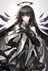  1girl ;) absurdly_long_hair antenna_hair arknights arm_behind_back artist_name ascot belt belt_buckle belt_pouch black_ascot black_belt black_bustier black_eyes black_gloves black_hair black_halo black_pouch black_skirt black_wings blunt_bangs breasts broken_halo buckle bustier buttons closed_mouth collared_jacket commentary cowboy_shot detached_wings dress_shirt energy_wings gloves grey_shirt halo hand_up hime_cut jacket layered_sleeves long_hair long_sleeves looking_at_viewer medium_breasts miniskirt mole mole_under_eye one_eye_closed pale_skin pleated_skirt pouch ryuuzaki_ichi shirt short-sleeved_jacket short_over_long_sleeves short_sleeves sidelocks simple_background skirt smile solo staff_(music) standing straight_hair strap very_long_hair virtuosa_(arknights) watermark weibo_logo weibo_watermark white_background white_jacket wide_sleeves wing_collar wings yellow_pupils 