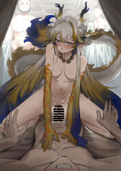  1girl 3boys absurdres arknights bar_censor blonde_hair blue_hair blush breasts censored chinese_commentary collarbone colored_extremities commentary_request completely_nude cum dragon_girl dragon_horns dragon_tail ejaculation fingernails girl_on_top green_eyes grey_hair hair_intakes hetero highres horns indoors jewelry long_hair medium_breasts multicolored_hair multiple_boys necklace ning_re_huahe_erhao_ji nipples nose_blush nude open_mouth orange_pupils penis pointy_ears sex shu_(arknights) sketch sweat tail very_long_hair  rating:Explicit score:26 user:danbooru