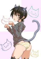  1girl animal_ears ass black_hair blush breasts butt_crack cat_ears cat_tail cougar_(cougar1404) from_behind hood hoodie looking_at_viewer mole mole_on_ass nari_(cougar1404) nekomimi_mode open_mouth orange_eyes original panties paw_pose shiny_clothes shiny_skin short_hair sideboob solo striped_clothes striped_panties tail thighhighs underwear wedgie whiskers 