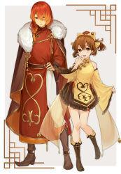  1boy 1girl :d alternate_costume bare_shoulders black_eyes boots border bow breasts brother_and_sister brown_eyes brown_footwear brown_hair brown_skirt cape changpao chinese_clothes delthea_(fire_emblem) detached_sleeves dress fang fire_emblem fire_emblem_echoes:_shadows_of_valentia flower_knot full_body fur-trimmed_cape fur_trim grey_background hair_between_eyes hair_bow hand_on_own_hip hand_to_own_mouth haru_(nakajou-28) highres knee_boots looking_at_viewer luthier_(fire_emblem) nintendo open_mouth orange_hair outside_border pants pelvic_curtain pinching_sleeves ponytail siblings skirt smile standing standing_on_one_leg white_border white_pants wide_sleeves yellow_bow yellow_dress yellow_sleeves 