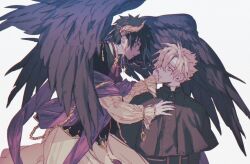  2boys black_capelet black_hair black_shirt black_wings blonde_hair capelet chain commentary cowboy_shot dress eye_contact feathered_wings from_side hand_on_another&#039;s_cheek hand_on_another&#039;s_chest hand_on_another&#039;s_face highres horns implied_yaoi layered_clothes layered_sleeves long_sleeves looking_at_another multiple_boys ohsoukamo orange_eyes original priest puffy_long_sleeves puffy_sleeves purple_shawl shadow shawl shirt short_hair short_over_long_sleeves short_sleeves simple_background symbol-only_commentary upper_body white_background white_dress wings 