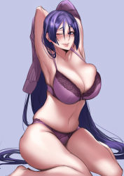 1girl ;d absurdres armpits barefoot blush bra breasts cleavage fate/grand_order fate_(series) grin highres knatb large_breasts long_hair minamoto_no_raikou_(fate) navel one_eye_closed open_mouth panties purple_bra purple_eyes purple_hair purple_panties sitting sketch skindentation smile solo sweater underwear underwear_only very_long_hair wariza rating:Sensitive score:68 user:danbooru