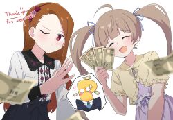 !? 1boy 2girls :d absurdres ahoge banknote blue_skirt blurry blurry_foreground blush brown_hair capelet closed_eyes collarbone dress hakozaki_serika highres holding holding_money idolmaster idolmaster_million_live! long_hair looking_at_viewer minase_iori money multiple_girls o_o one_eye_closed open_mouth orange_hair p-head_producer pink_dress producer_(idolmaster) purple_eyes shirt shirt_tucked_in short_sleeves simple_background skirt smile spoken_character thank_you twintails white_background white_shirt yellow_capelet