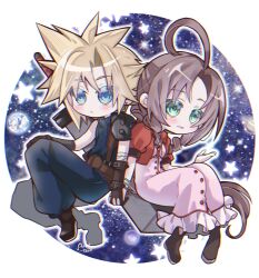  1boy 1girl aerith_gainsborough ahoge arestear0701 armor artist_name bandaged_arm bandages blonde_hair blue_eyes blue_pants blue_shirt blush boots border braid braided_ponytail breasts brown_footwear brown_gloves brown_hair buster_sword chibi cloud_strife colored_eyelashes couple cropped_jacket dress earrings final_fantasy final_fantasy_vii final_fantasy_vii_rebirth final_fantasy_vii_remake floating gloves green_eyes hair_between_eyes hand_on_own_knee hetero highres holding_hands interlocked_fingers jacket jewelry long_dress medium_breasts pants parted_bangs parted_lips pink_dress planet puffy_short_sleeves puffy_sleeves red_jacket shirt short_hair short_sleeves shoulder_armor sidelocks single_bare_shoulder single_braid single_earring single_shoulder_pad sitting sleeveless sleeveless_turtleneck smile spiked_hair star_(sky) star_(symbol) starry_background turtleneck weapon weapon_on_back white_border 