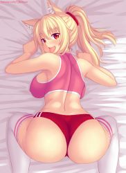 1girl all_fours animal_ear_fluff animal_ears ass blonde_hair blush breasts buruma cat_ears commentary covered_erect_nipples english_commentary english_text from_above hair_between_eyes halterneck highres large_breasts long_hair looking_at_viewer midriff nottytiffy open_mouth original red_buruma red_eyes slit_pupils solo thighhighs tiffy_(nottytiffy) tongue tongue_out watermark web_address white_thighhighs rating:Questionable score:76 user:danbooru