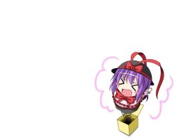 &gt;_&lt; 1girl artist_request black_hat bow box capelet check_artist closed_eyes frilled_capelet frills full_body hat hat_bow ichimi jack-in-the-box nagae_iku purple_hair red_bow short_hair solo spring_(object) third-party_source touhou