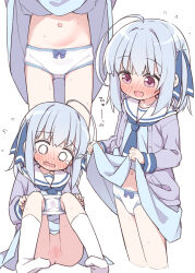  1girl :d ayanepuna ayari_(tsumiki_sata) blue_dress blue_hair blue_necktie blue_ribbon blush borrowed_character bow bow_panties censored clothes_lift commentary_request dress dress_lift flying_sweatdrops hair_ribbon highres jacket knees_up lifted_by_self loli mosaic_censoring multiple_views navel necktie no_shoes nose_blush one_side_up open_clothes open_jacket open_mouth original panties panty_pull purple_eyes purple_jacket pussy ribbon sailor_collar sailor_dress simple_background sitting smile socks sweat underwear white_background white_panties white_sailor_collar white_socks 