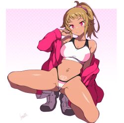  1girl 2024 alternate_eye_color alternate_skin_color batta_16-sei bra breasts brown_hair cameltoe cleavage ear_piercing earrings gundam gundam_build_fighters gundam_build_fighters_try gyaru highres hoshino_fumina jacket jewelry kneeling large_breasts long_hair looking_at_viewer midriff navel navel_piercing neo_zeon open_clothes open_jacket partially_visible_vulva piercing ponytail pubic_tattoo red_eyes red_jacket shoes signature simple_background smile solo solo_focus sports_bra spread_legs squatting tan tanline tattoo thong underwear white_footwear 