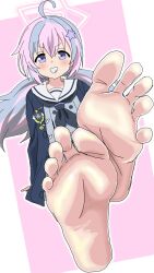  1girl barefoot blue_archive blue_eyes feet grin light_blush long_hair looking_at_viewer multicolored_hair reisa_(blue_archive) riokasen smile soles toes two-tone_hair 