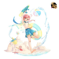  1boy ahoge anklet arm_up armpits ball bandaid bandaid_on_leg barefoot beach beachball blue_eyes blue_male_swimwear bucket full_body goggles goggles_around_neck grin heart heart_ahoge highres holding holding_swim_ring holding_water_gun inflatable_toy innertube jacket jewelry leg_up logo looking_at_viewer mahjong_soul male_focus male_swimwear navel nipples no_shirt open_clothes open_jacket open_mouth pink_hair pinwheel qi_xi sand sand_castle sand_sculpture see-through see-through_jacket shine_cheese short_hair sleeveless sleeveless_jacket smile solo starfish stomach swim_ring swim_trunks tachi-e teeth trowel water water_gun white_background 
