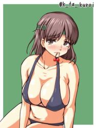  1girl bikini blush breasts brown_hair cherry chiyoda_(kancolle) cleavage collarbone food food_in_mouth fruit green_background headband large_breasts leaning_forward looking_at_viewer medium_hair navel signature swimsuit  rating:Sensitive score:3 user:Cluless