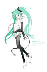  1girl absurdres anklet barefoot black_gloves black_leggings breasts bridal_gauntlets cable center_opening elbow_gloves floating_hair full_body gloves green_eyes green_hair half-closed_eyes hatsune_miku hatsune_miku_(append) highres hip_gear jewelry kokaki_mumose leggings long_hair looking_at_viewer medium_breasts navel shirt simple_background sleeveless sleeveless_shirt solo stomach translation_request twintails vocaloid vocaloid_append white_background white_shirt 