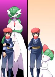  1boy 1girl age_difference age_progression assertive_female banguro8 beret black_hair blue_eyes blush breasts creatures_(company) game_freak gardevoir gen_3_pokemon giant giantess hat highres large_breasts nintendo pokemon pokemon_(creature) pokemon_legends:_arceus ralts red_eyes rei_(pokemon) scarf shy size_comparison size_difference tall_female taller_female thick_thighs thighs  rating:Questionable score:129 user:xtasy