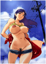  1girl 2022 alternate_breast_size bar_censor blue_sky breasts brown_eyes censored clothes_lift clothes_pull cloud commentary cowboy_shot dated denim denim_shorts earrings female_focus female_pubic_hair functionally_nude gluteal_fold highres jacket jewelry katsuragi_misato kon-kit large_breasts long_hair looking_at_viewer navel neon_genesis_evangelion nipples no_bra no_panties power_lines pubic_hair purple_hair red_jacket removing_jacket scar scar_on_stomach shiny_skin shirt_lift shorts shorts_pull sky standing stud_earrings tank_top undressing utility_pole wide_hips yellow_tank_top  rating:Explicit score:211 user:danbooru