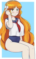  1girl blush bow breasts collarbone curly_hair freckles green_eyes hair_ornament highres ishmael_(project_moon) large_breasts leud limbus_company long_hair looking_at_viewer one-piece_swimsuit orange_hair project_moon ribbon sailor_collar sailor_shirt shirt swimsuit swimsuit_under_clothes very_long_hair  rating:General score:9 user:Furegen