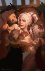  1girl animal artist_name baldur&#039;s_gate baldur&#039;s_gate_3 ball blue_eyes blurry blurry_foreground cat commentary dated depth_of_field dog dungeons_&amp;_dragons elf english_commentary facial_scar from_side highres holding holding_animal long_hair looking_at_animal migaloo multi-tied_hair open_mouth owlbear painterly petting pointy_ears ponytail scar scar_on_cheek scar_on_face scar_on_hand scar_on_nose scratch_(baldur&#039;s_gate) shadowheart_(baldur&#039;s_gate) smile upper_body white_hair  rating:General score:7 user:danbooru