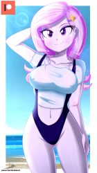  1girl artist_name beach bikini breasts fleur_dis_lee gluteal_fold hair_ornament hairclip hasbro highres medium_breasts my_little_pony my_little_pony:_equestria_girls my_little_pony:_friendship_is_magic navel nipples ocean patreon patreon_logo pink_hair shirt signature swimsuit the-butch-x water  rating:Questionable score:11 user:wicket505